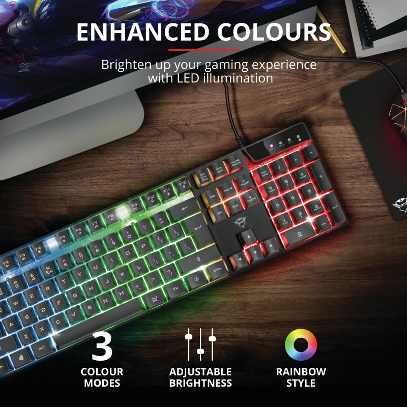 TRUST GXT 835 Azor Illuminated Gaming Keyboard, 3 combined LED color modes, 12 function keys