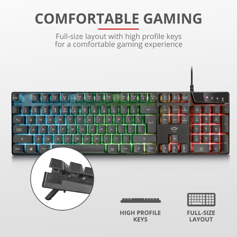 TRUST GXT 835 Azor Illuminated Gaming Keyboard, 3 combined LED color modes, 12 function keys