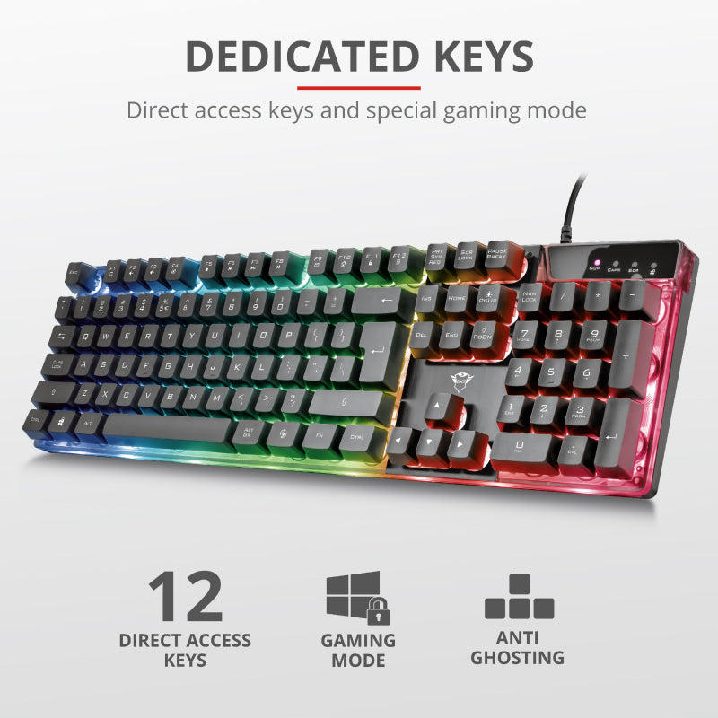 TRUST GXT 835 Azor Illuminated Gaming Keyboard, 3 combined LED color modes, 12 function keys