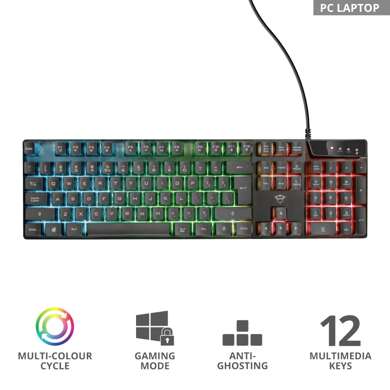 TRUST GXT 835 Azor Illuminated Gaming Keyboard, 3 combined LED color modes, 12 function keys