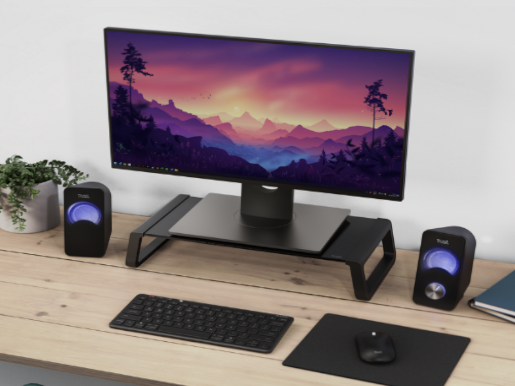 TRUST MONTA Tempered glass monitor stand - Black, D:225 mm, W: 415 mm, H: 98 mm