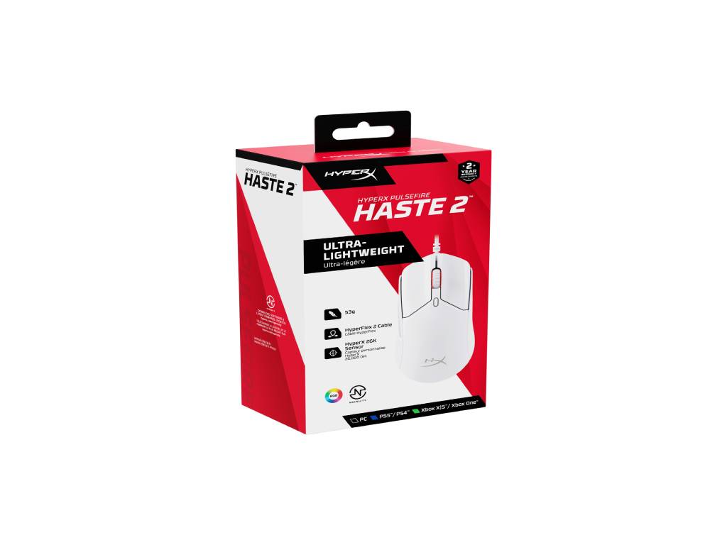 HyperX Pulsefire Haste 2 Wired Gaming Mouse - 650 IPS - Up to 26000 DPI - RGB - White - Low-friction skates