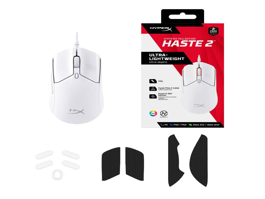 HyperX Pulsefire Haste 2 Wired Gaming Mouse - 650 IPS - Up to 26000 DPI - RGB - White - Low-friction skates