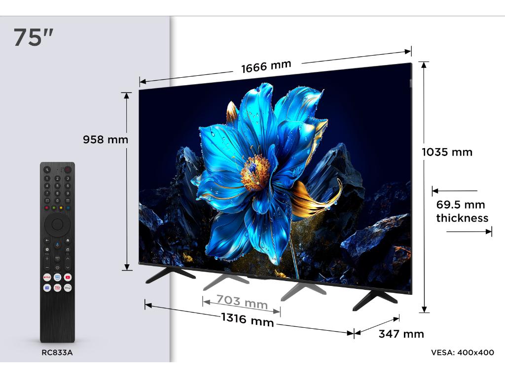 TCL 75P7K QLED TV 75" ultra HD, Google TV smart, AiPQ processor, Dolby Atmos,slim dizajn(bez okvira)