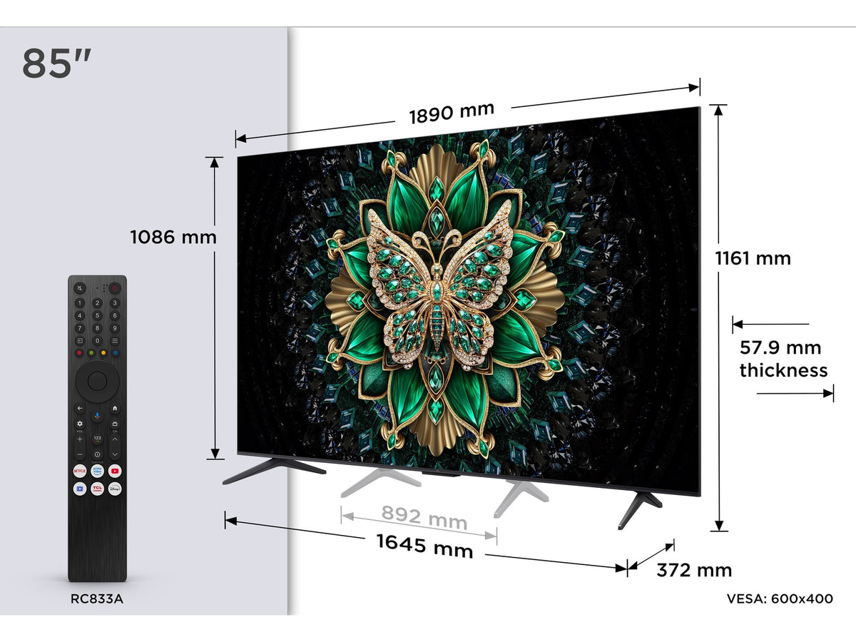 TCL 85C6K mini LED TV 85" ultra HD, Google TV smart, 512 Local Dimming Zones, 144Hz, Onkyo 2.1