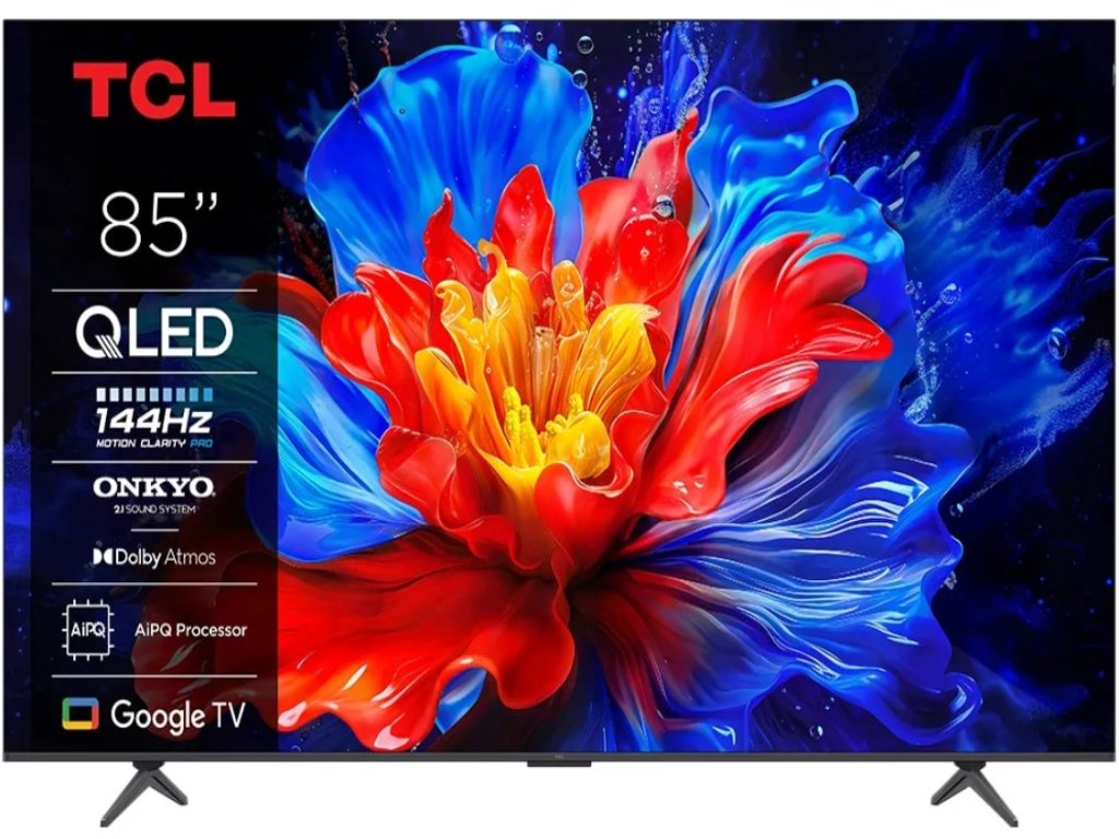 TCL 85P8K QLED TV 85" ultra HD, AiPQ Pro CPU, 144Hz refresh rate, Onkyo 1.2 Hi-Fi system, ultra slim