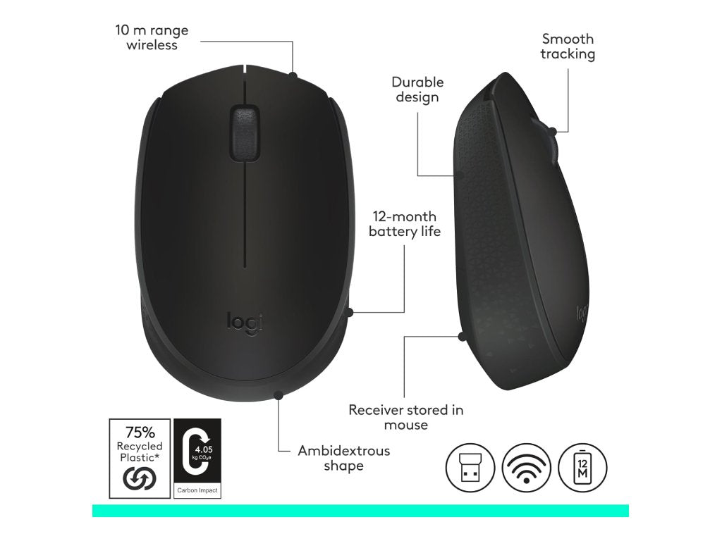 LOGITECH Wireless Mouse M171 Black, 1000 DPI, 3 buttons, 1xAA Battery