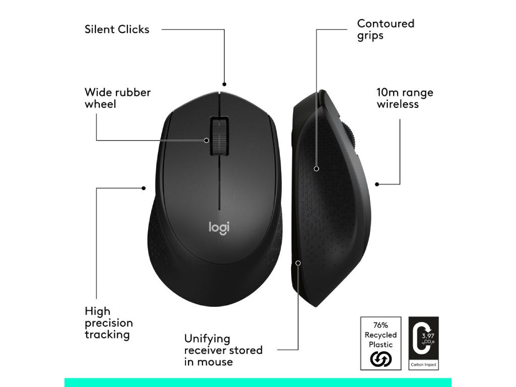 LOGITECH M330 Silent Plus Wireless Optical Mouse, 1000 DPI, 3 Buttons, 1x AA Battery, Black