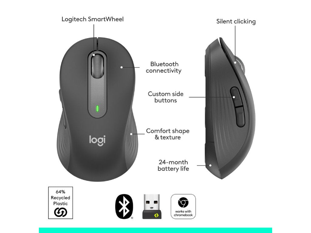 LOGITECH Signature M650 Wireless Bluetooth Mouse, Large, 4000 dpi, 10 m wireless range, Graphite