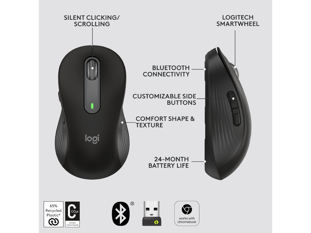 LOGITECH Signature M650 Wireless Bluetooth Mouse, 4000 dpi, 10 m wireless range, Graphite