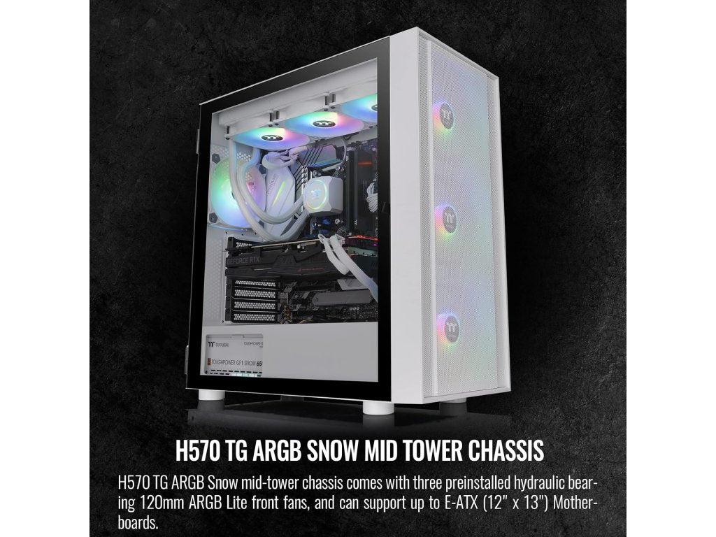 THERMALTAKE H570 TG Snow ARGB Mid Tower, Tempered Glass - Mesh Front Panel - 120mm ARGB Lite Fan*3 - USB