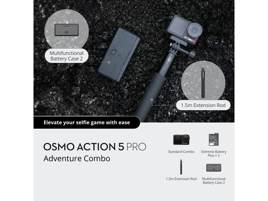 DJI Osmo Action 5 Pro Adventure Combo - 1.5m Extension Rod, 2x Extreme Battery + Battery Case