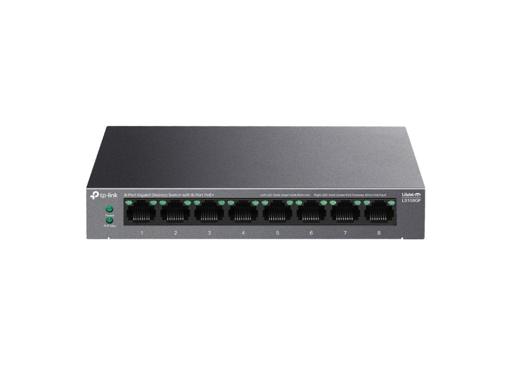 TP-LINK LS108GP 8-Port Gigabit Desktop Switch with 8-Port PoE+ , 62 W PoE Budget, Metal Casing