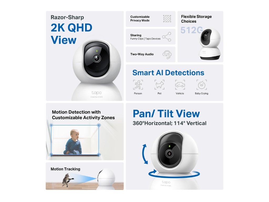 TP-LINK TAPO C220 2K 4MP QHD Pan - Tilt Home Security Wi-Fi Camera, Smart AI Detection, Two-Way Audio
