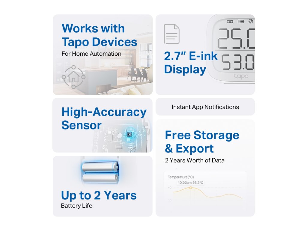 TP-LINK TAPO T315 Smart Temperature & Humidity Monitor, Real-Time Monitoring, 2.7" E-ink Display