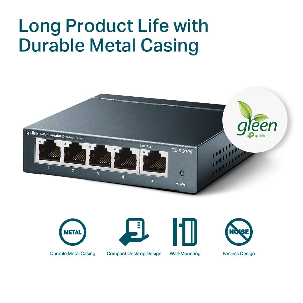 TP-LINK TL-SG105 5-Port  Gigabit 10 - 100 - 1000Mbps Desktop Switch, Durable Metal Casing