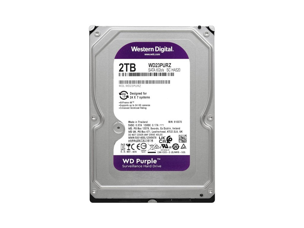 WD PURPLE HDD 2TB Surveillance, 64MB cache, 5400 RPM, up to 175MB - s transfer rate, 24 - 7