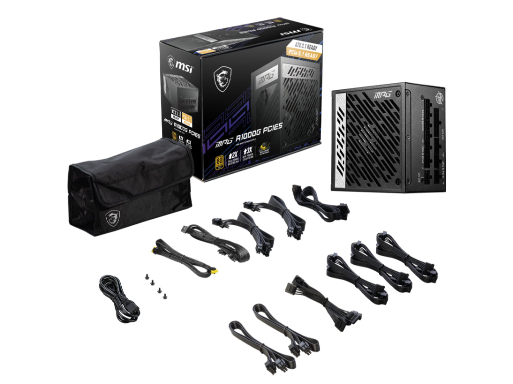 MSI PSU MPG A1000G PCIE5 1000W 80 PLUS Gold, 135 mm Fan, ATX 3.1, PCIe 5.1,Fully Modular,Flat Cables