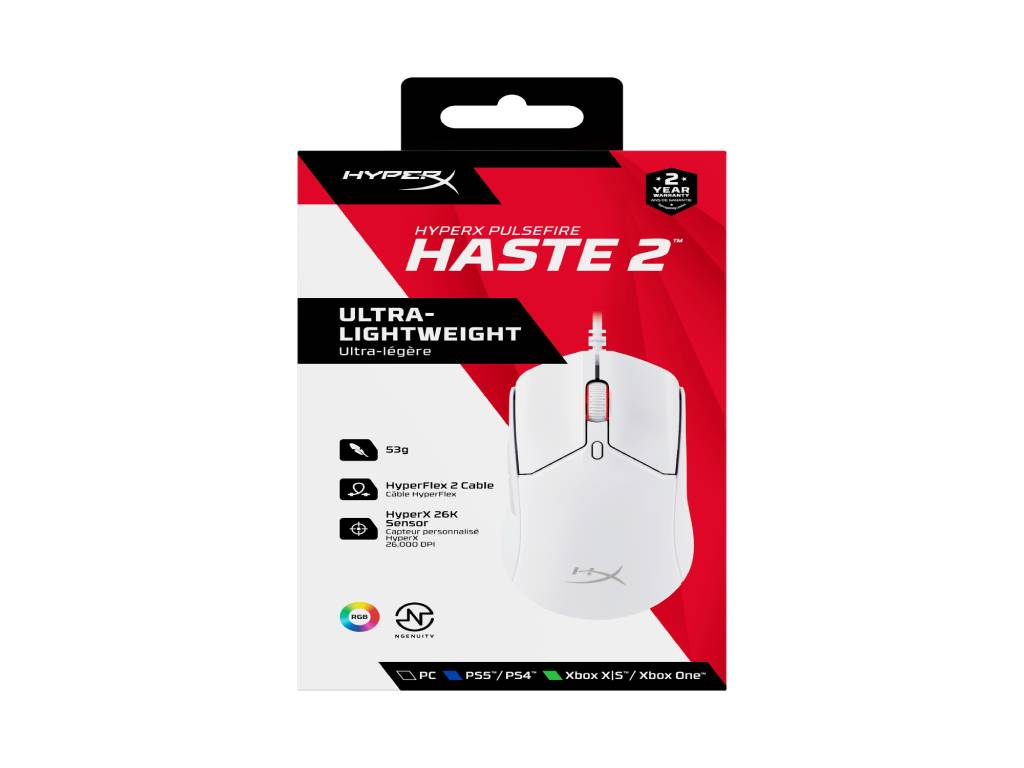 HyperX Pulsefire Haste 2 Wired Gaming Mouse - 650 IPS - Up to 26000 DPI - RGB - White - Low-friction skates