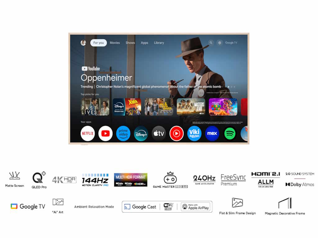 TCL 75A300W NXTFRAME QLED TV 75", Google TV smart, Panel refresh 120 Hz, AIPQ Processor