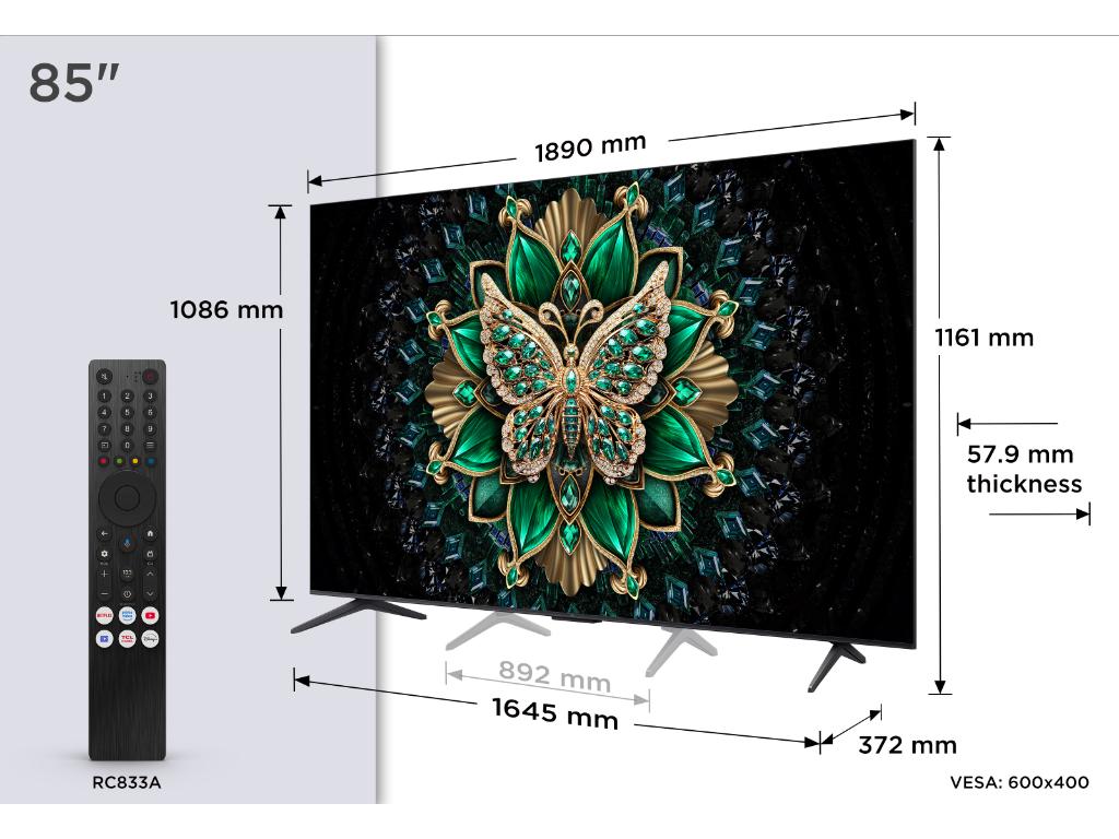 TCL 85C6K mini LED TV 85" ultra HD, Google TV smart, 512 Local Dimming Zones, 144Hz, Onkyo 2.1