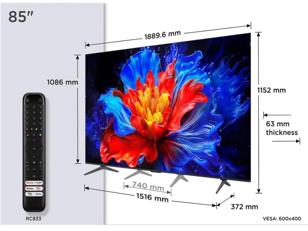 TCL 85P8K QLED TV 85" ultra HD, AiPQ Pro CPU, 144Hz refresh rate, Onkyo 1.2 Hi-Fi system, ultra slim
