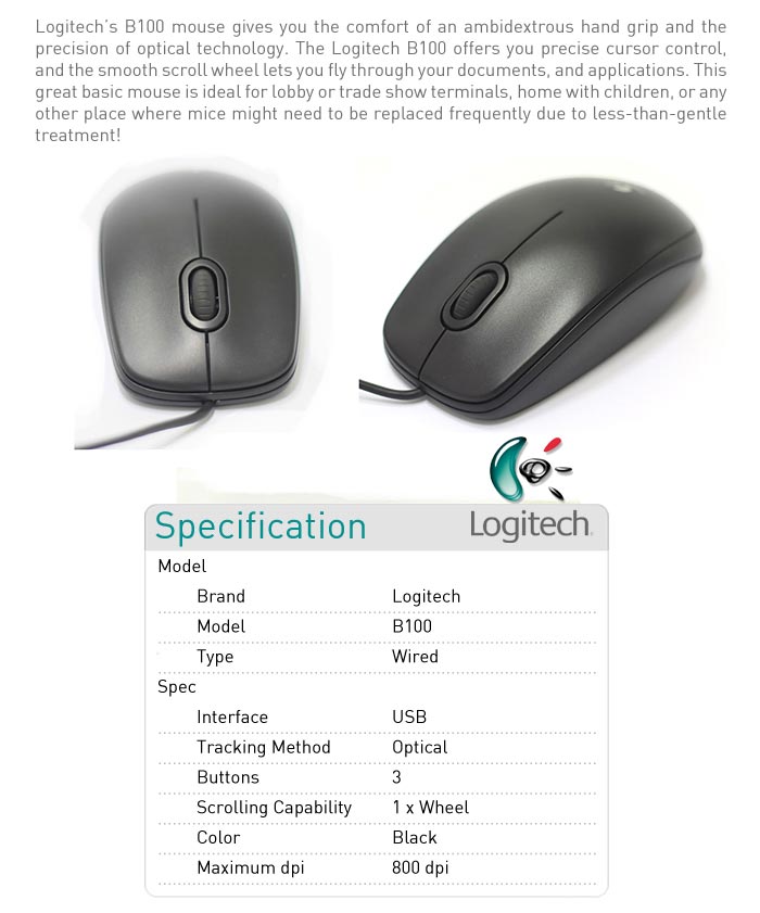 LOGITECH B100, Optical USB Mouse, Black OEM