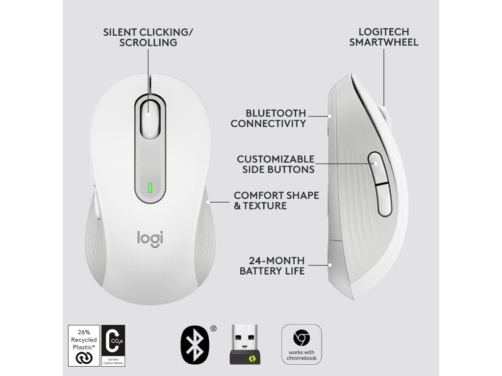 LOGITECH Signature M650 Wireless Bluetooth Mouse, 4000 dpi, 10 m wireless range, Off-White
