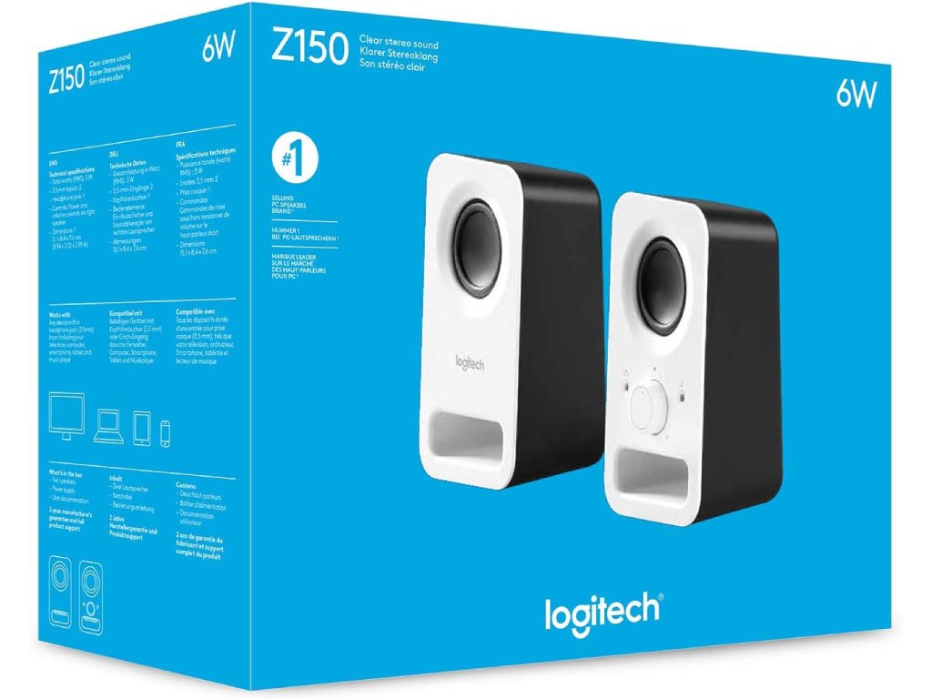 LOGITECH Z150 Compact Stereo Speakers, Total Watt (RMS): 3W, 3.5 mm input*2, Headphone jack*1, White