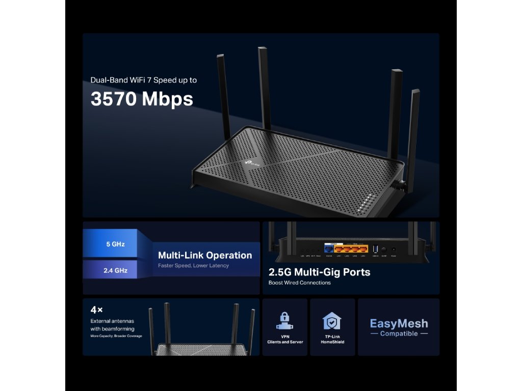 TP-LINK ARCHER BE230 BE3600 Dual-Band Wi-Fi 7 Router, 2 2.5G Ports, 4 antennas, USB 3.0