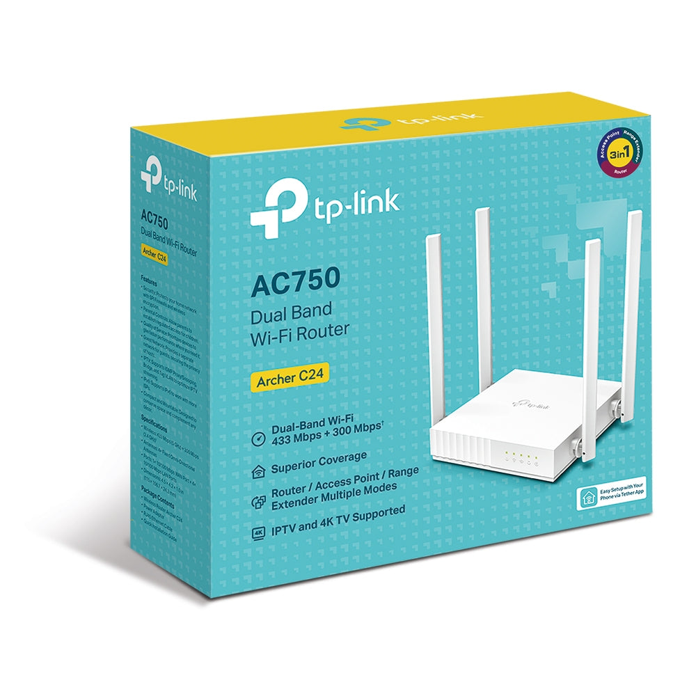 TP-LINK ARCHER C24 AC750 Dual-Band Wi-Fi Router - AP - Range Extender, 4 Fixed Antennas