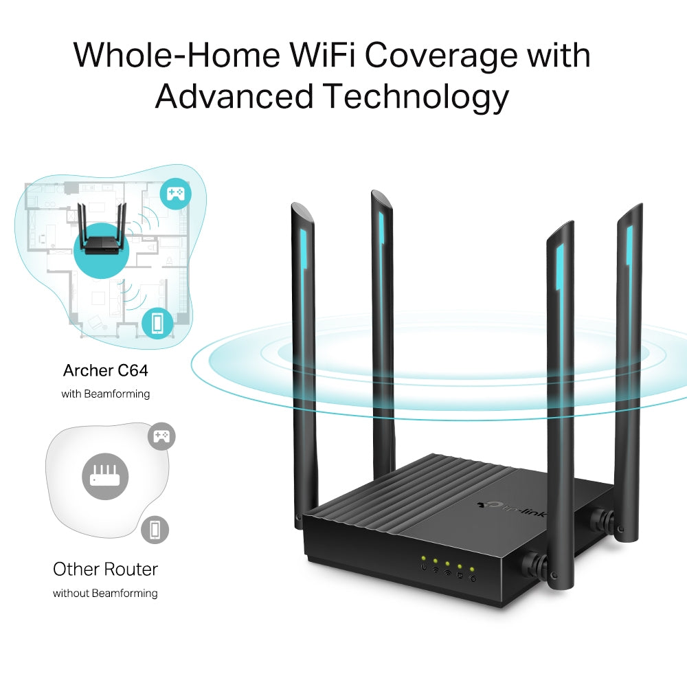 TP-LINK Archer C64 AC1200 Wireless MU-MIMO WiFi Router - AP, 1.2 GHz CPU, WPS