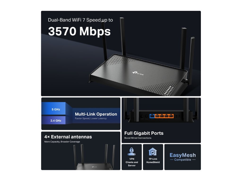 TP-LINK ARCHER BE220 BE3600 Dual-Band Wi-Fi 7 Router, EasyMesh-Compatible