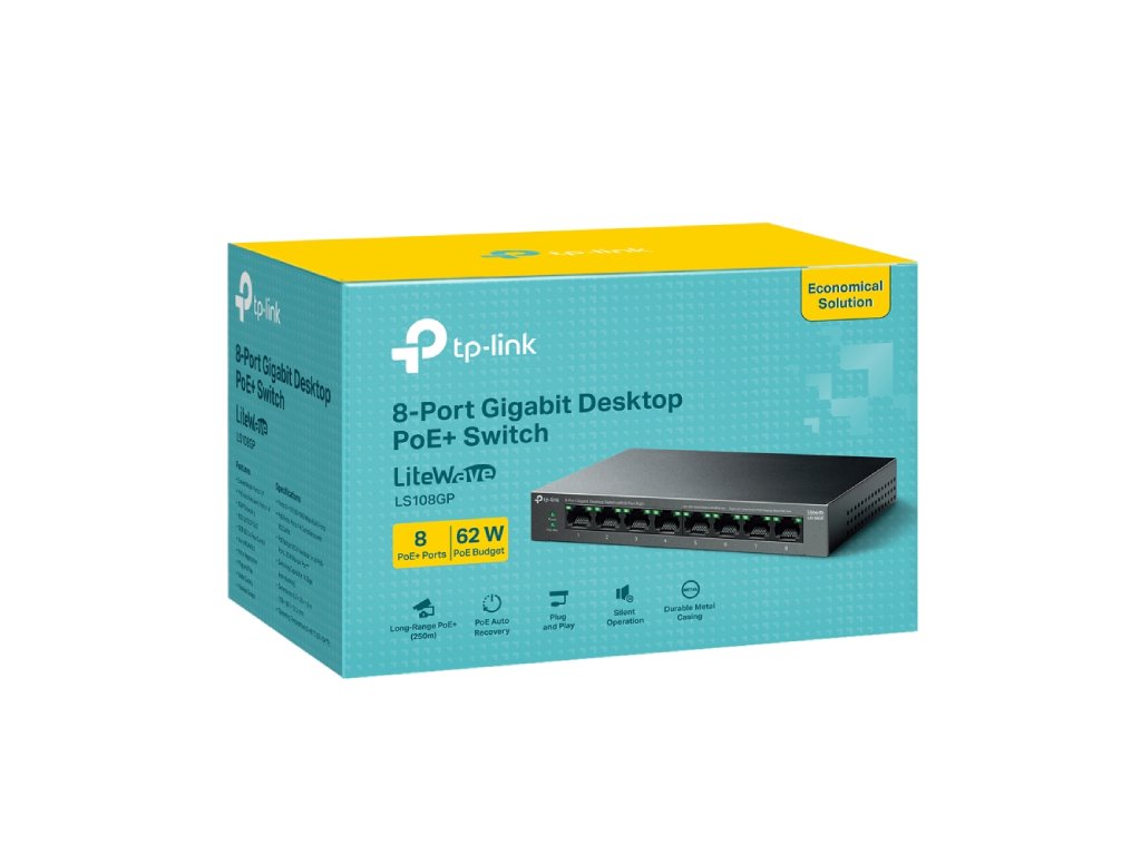 TP-LINK LS108GP 8-Port Gigabit Desktop Switch with 8-Port PoE+ , 62 W PoE Budget, Metal Casing