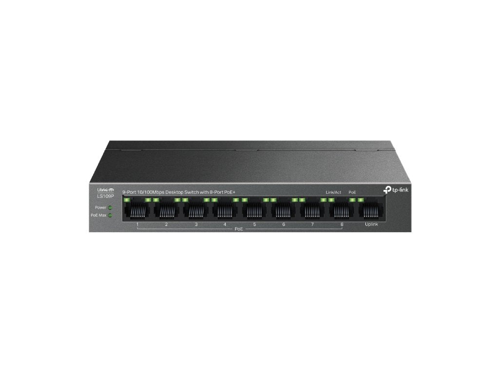 TP-LINK LS109P 9-Port 10 - 100Mbps Desktop Switch with 8-Port PoE+, 63 W PoE Budget, Up to 250 m