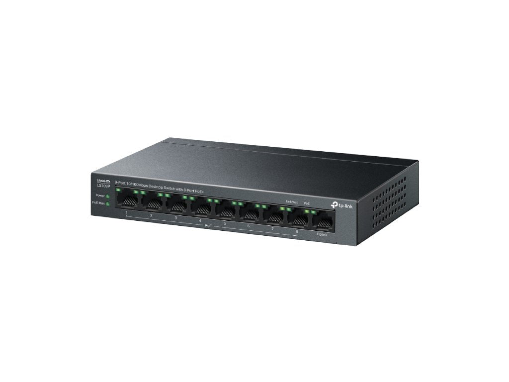 TP-LINK LS109P 9-Port 10 - 100Mbps Desktop Switch with 8-Port PoE+, 63 W PoE Budget, Up to 250 m