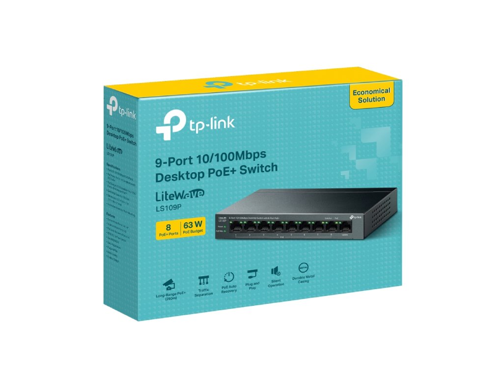 TP-LINK LS109P 9-Port 10 - 100Mbps Desktop Switch with 8-Port PoE+, 63 W PoE Budget, Up to 250 m