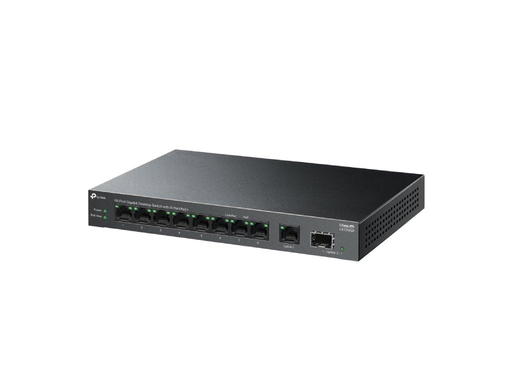 TP-LINK LS1210GP 10-Port Gigabit Desktop Switch with 8-Port PoE+, 61 W PoE Budget, 250 m, Metal case