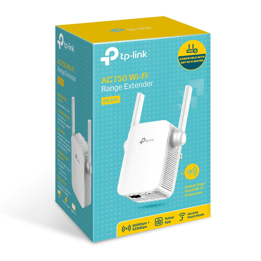 TP-LINK RE205 AC750 Wi-Fi Range Extender 433Mbps at 5GHz + 300Mbps at 2.4GHz, 2 fixed antennas