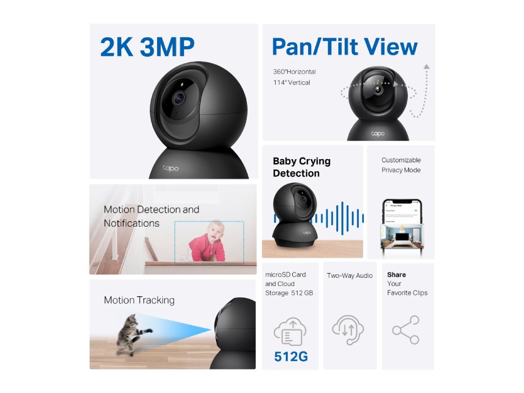 TP-LINK TAPO C211 Pan - Tilt Home Security Wi-Fi Camera, 2K 3MP, 2-Way Audio, 360 H., 114 V.