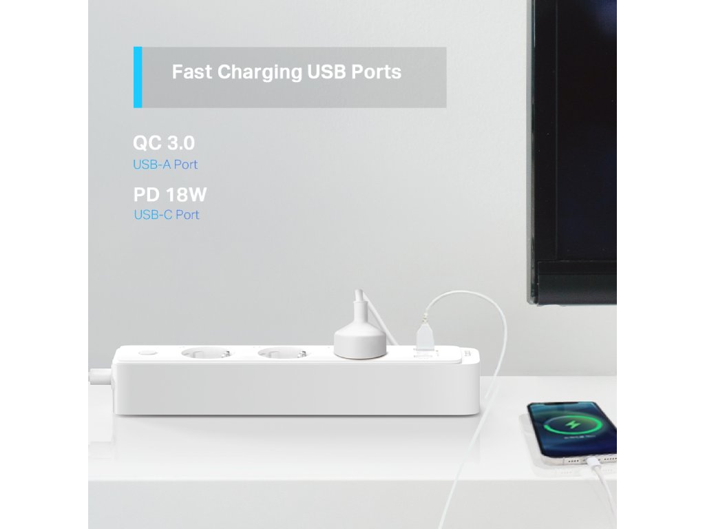TP-LINK TAPO P300 Smart Wi-Fi Power Strip, 3Smart Outlets, 2USB-A QC3.0 18W, USB-C port