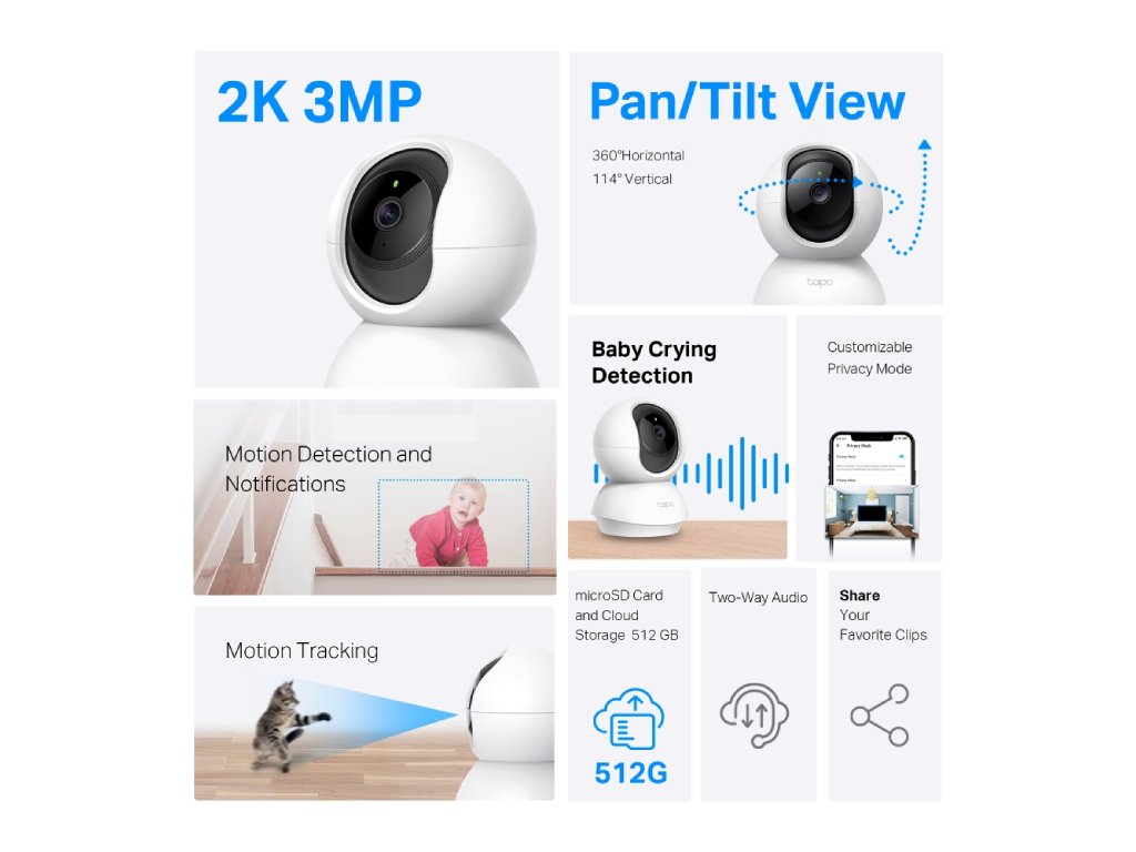 TP-LINK TAPO C210P2 Indoor 2K Pan - Tilt - Zoom Security Camera Set with Advanced Night Vision