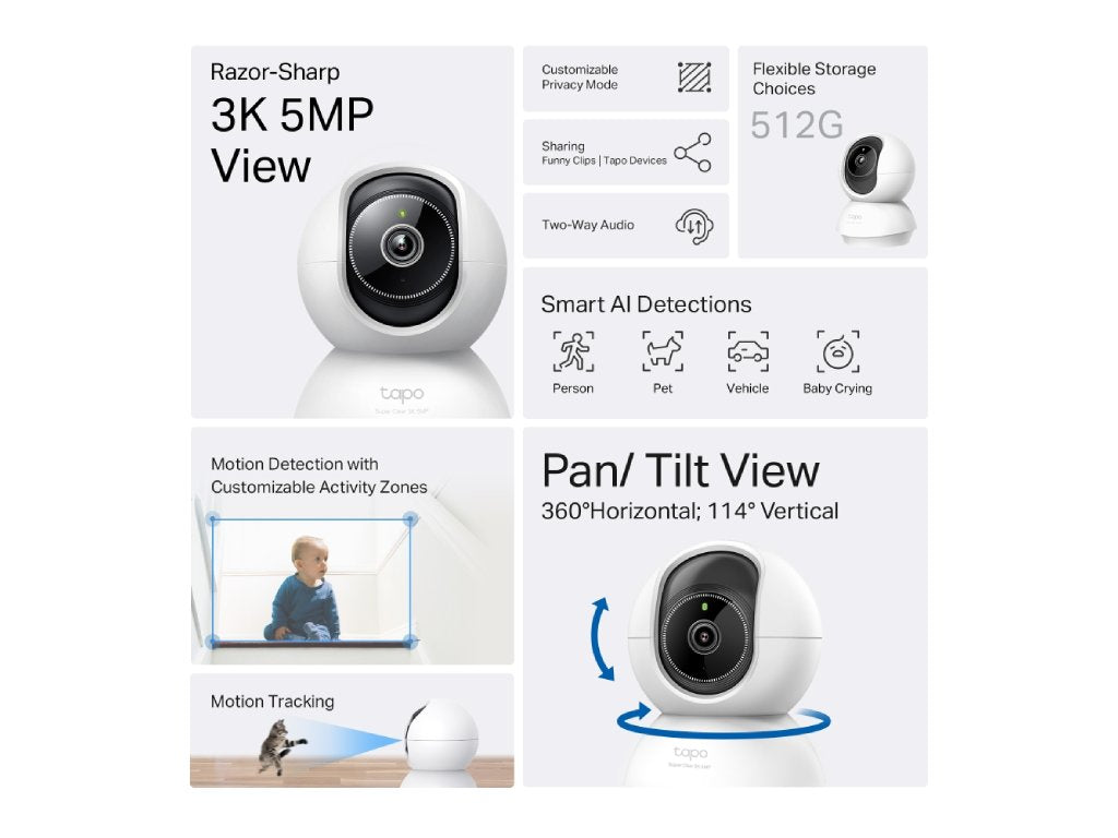 TP-LINK Tapo C230 Pan - Tilt AI Home Security Wi-Fi Camera, 3K 5MP, Wide Range of Movement