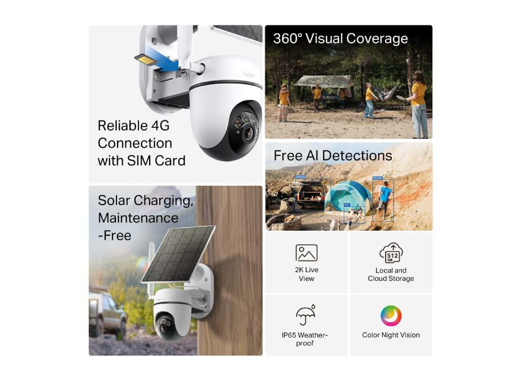 TP-LINK TAPO C615G KIT Solar-Powered Pan - Tilt 4G LTE Security Camera Kit, 2K 3MP, IP65