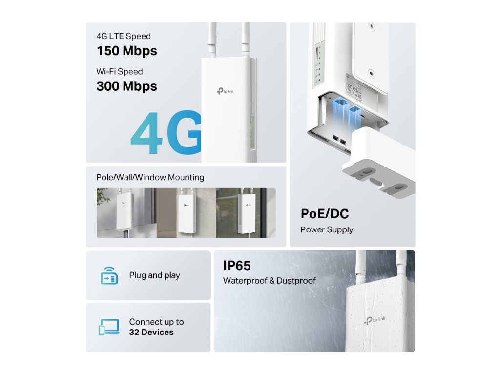 TP-LINK TL-MR100-Outdoor 4G LTE 300 Mbps Wi-Fi Outdoor Router, PoE - DC Power Supply, IP65