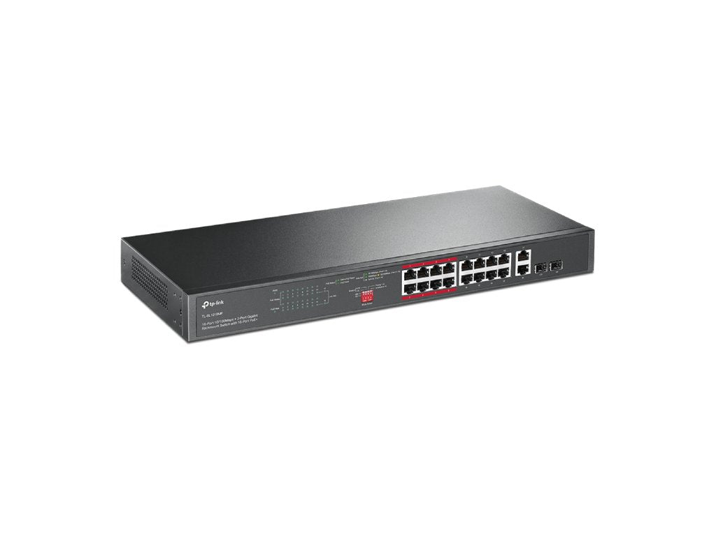 TP-LINK TL-SL1218MP 16-Port 10 - 100 Mbps + 2-Port Gigabit Rackmount Switch with 16-Port PoE+, 250 W