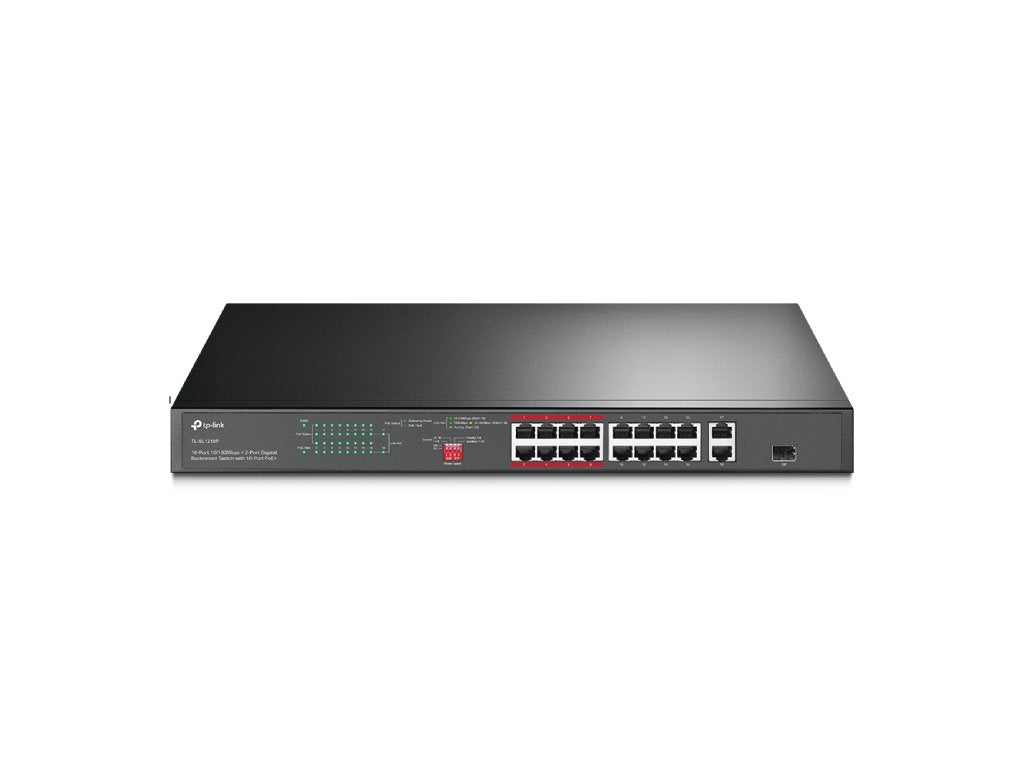 TP-LINK TL-SL1218P 16-Port 10 - 100 Mbps + 2-Port Gigabit Rackmount Switch with 16-Port PoE+, 150 W