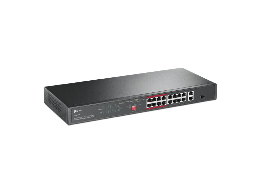 TP-LINK TL-SL1218P 16-Port 10 - 100 Mbps + 2-Port Gigabit Rackmount Switch with 16-Port PoE+, 150 W