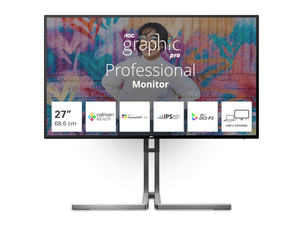 AOC Graphic Pro Monitor U27U3CV 27" IPS 4K 3840 x 2160, DP - HDMI*2 - USB-C, HAS, PIVOT, SWIVEL,Speakers