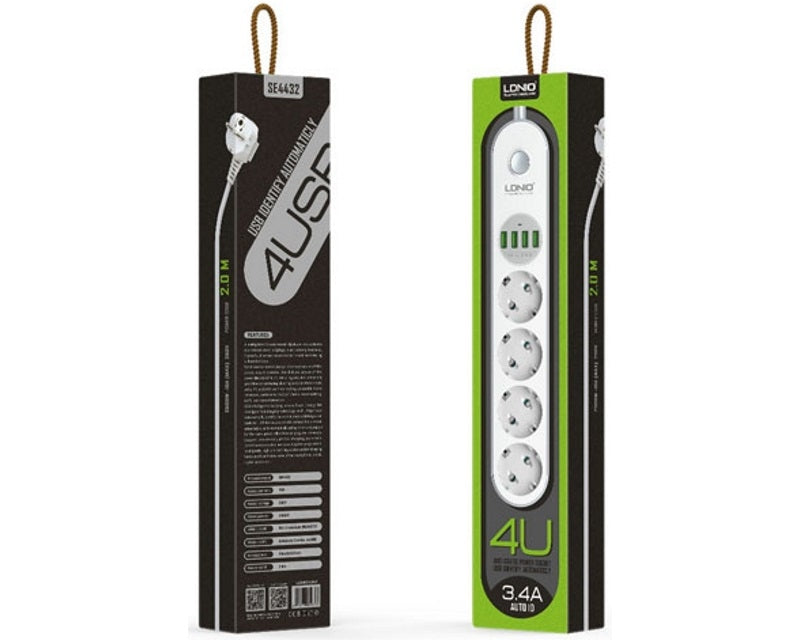 Kabl naponski produžni 4 x šuko + 4 x USB 2m beli SE4432